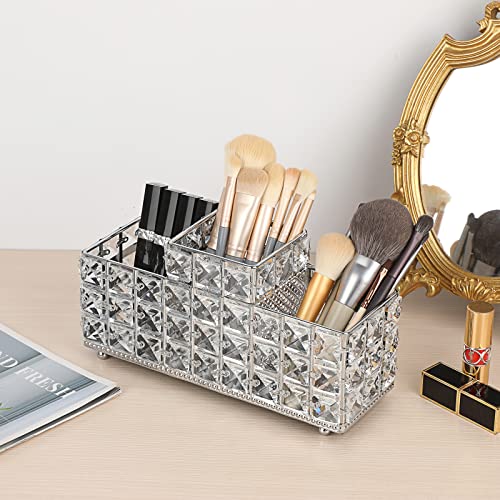 Hipiwe Crystal Remote Control Holder Bling Makeup Brush Holder Organizer Desktop Cosmetics Brushes Storage Cup Pen Pencil Storage Pot Cup for Dresser Bathroom Office, 3 Slot - style: 3-Slot, Silver