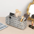 Hipiwe Crystal Remote Control Holder Bling Makeup Brush Holder Organizer Desktop Cosmetics Brushes Storage Cup Pen Pencil Storage Pot Cup for Dresser Bathroom Office, 3 Slot - style: 3-Slot, Silver