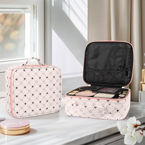 M Y U R E N Travel Makeup Bag,Waterproof Cosmetic Organizer, Adjustable Dividers,Portability Cosmetic Train Case,Makeup organizer,Gift for Women,Girls Gift (Beige+Pink) - color: Beige+Pink