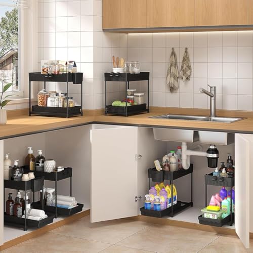 Sevenblue 3 Pack Under Sink Organizers,2-Tier Multi-Use Kitchen and Bathroom Organizers and Storage with Sliding Drawers,Bathroom Cabinet Organizer (Black,12.8 Inch) - color: Black, size: 12.8 Inch