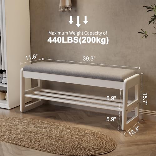 AQIMUELE Shoe Rack Bench,2 Tiers Shoe Bench with Storage with Flip-Top,Wood Shoe Rack for Entryway,Hallway（White Upholstered Seat,11.8" D x 39.3" W x 15.7" H） - color: White Upholstered Seat, size: 11.8"D x 39.3"W x 15.7"H