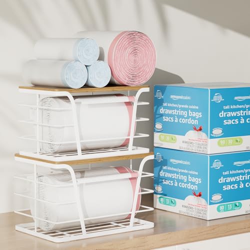 TIDIIABODE Extra Large 2 Pack Potato and Onion Storage Bins, Potato and Onion Storage Baskets with Bamboo Top, Trash Bag Dispenser, Storage Stackable for Kitchen Laundry Organizers, White - color: 2-Pack-XL&L-White