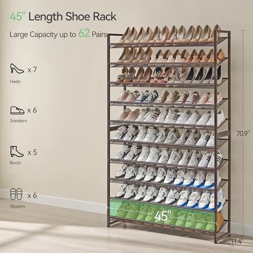 Nunsino Shoe Rack, Long Shoe Organizer,Max Holds 62 Pairs,10 Tier Metal Shoe Storage Shelf,5-Tier Stackable Shoes Organizer for Garage, Entryway,Bronze - color: Bronze, size: 10 Tier