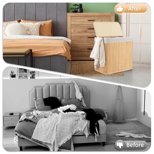 Aliphon 72L Slim Laundry Hamper with Lid, Foldable Bamboo Clothes Laundry Basket with Handles, Removable and Machine Washable Liner, for Bedroom, Bathroom, Dorm, Natural Beige - color: Natural Beige, size: 72L
