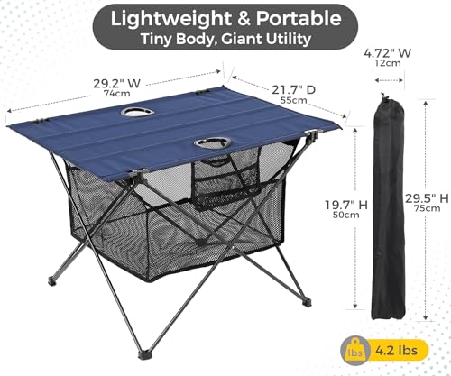 Lightweight Camping Table - Portable Folding Beach Side Table w/2 Cup Holders & Large Storage Basket, Compact Fold for Tailgate Travel Outdoor Fishing Picnic | 29.2" W x 21.7" D (Blue) - color: B: Blue