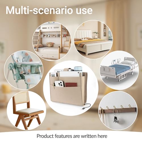 Seefoo Bedside Caddy, Large Bed Caddy Organizer with Cord Slit, Magazine Holder for Books, Remotes, Bunk Bed Storage Pocket with Strong-Grip Loop Tape Sticky for Dorm, Bedroom, Sofa Beige