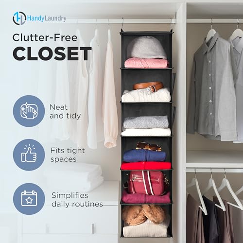 Handy Laundry Hanging Closet Organizer - 6 Shelf Storage for Clothes, Sweaters, Shoes & Accessories - Space-Saving Wardrobe Shelves with Hooks for Dorm, RV & Small Closet Organization (Black) - color: Black