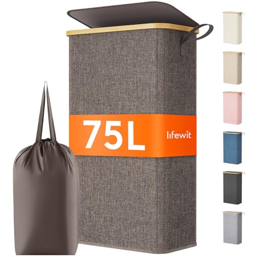 Lifewit 75L Slim Laundry Hamper with Lid, Narrow Laundry Basket with Removable Bag & Bamboo Handles, Fodable Thin Dirty Clothes Hamper for Laundry Collapsible Bin for Bathroom Bedroom Dorm, Brown - color: Brown, size: 75L