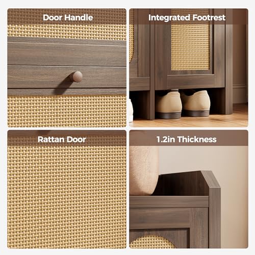 Mericonia Shoe Cabinet Storage for Entryway with 2 Flip Drawers(3-Tier), Rattan Freestanding with Door & 3 Adjustable Shelve,Hidden Shoe Rack Organizer for Hallway, Foyer - color: Walnut, size: Flip Drawers 2 & Door 1
