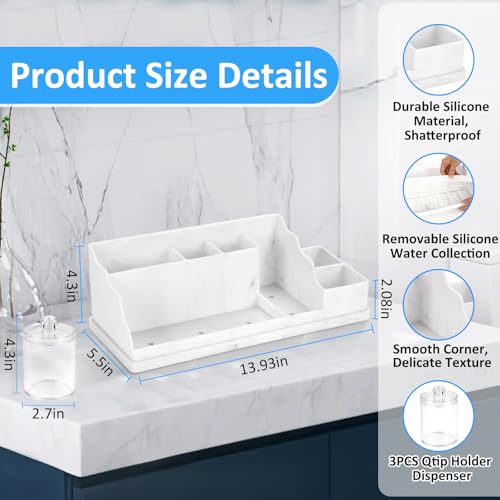 Bathroom Counter Organizer, Large White Silicone Toothbrush Holders for Bathrooms with 3PCS Qtip Holder, Bathroom Organizer Countertop Toothbrush and Toothpaste Holder for Makeup Organizer for Vanity - color: White With 3pcs Clear Dispenser