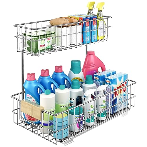 ROOMTEC Pull Out Cabinet Organizer, Under Sink Slide Out Storage Shelf with 2 Tier Sliding Wire Drawer, Sliding Storage for Inside Kitchen Cabinet- 11½ in. W x 21½ in. D (Left) - color: 11.5"W*21.5"D(Wood Handle-Left)