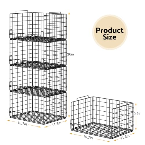 4-Tier Stackable Closet Organizers and Storage Basket - Foldable Closet Shelf Organizer System, Sturdy Metal Space-Saving Clothes Storage Bins for Wardrobe, Black