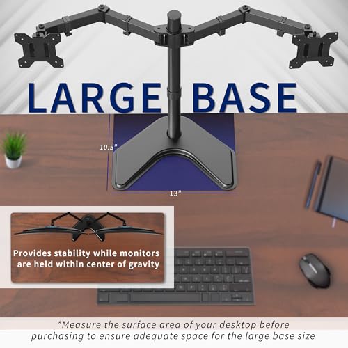 VIVO STAND-V002F Dual LED LCD Monitor Free-Standing Desk Stand for 2 Screens up to 27 Inch Heavy-Duty Fully Adjustable Arms with Max VESA 100x100mm - color: Black, size: 13" - 27" screens