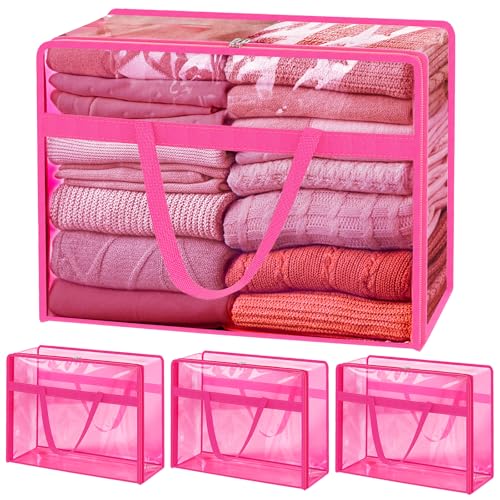 SGHUO Clear Storage Bags 60L Extra Large Plastic Vinyl Blanket Storage Bag for Clothes, Comforter, Bedding, Moving Bags with Zipper and Reinforced Handle (4pcs, Pink) - color: C-Pink