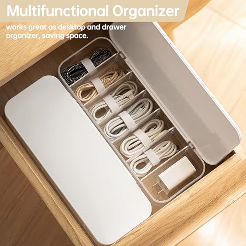 PAVSTINE 2 Pcs Cable Organizer Storage Box with 14 Wire Ties,Desktop Cable Management Box with Lid,Power Cord Organizer for Office,Home,Desk Accessories Storage Stationery Supplies White