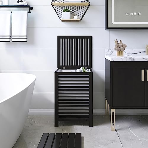 SMIBUY Double Laundry Hamper with Lid, 120L Bamboo Laundry Basket with Removable Liner Bag, 2-Section Clothes Divider Laundry Sorter for Laundry Room, Bathroom, Bedroom (Black) - color: Black