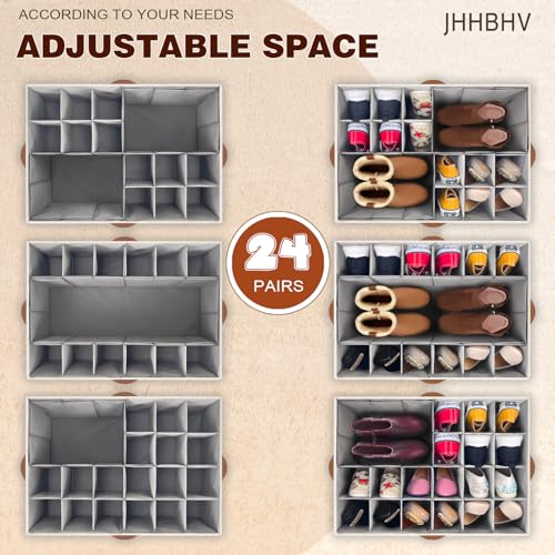2 Pack Shoe Organizer for Closet, Adjustable Shoe Box Storage Containers, Large Foldable Shoe Bins with Clear Cover, Space Saving Shoes Holder with 4 Handles, Fits 24-48 Pairs, Beige - color: Beige and Grey, size: (2 Pack) 25 ½"L x 17"W x 12 ½"H