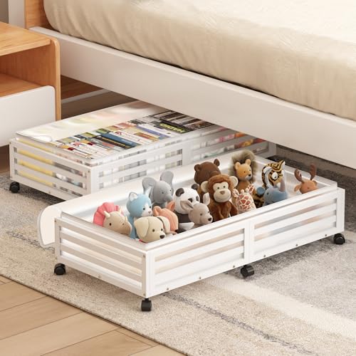 Under Bed Storage with Wheels-Large Bamboo Underbed storage Containers with Large Dust Bag Stackable Under the Bed Shoe Storage Bins for Clothes Books Bedding (2 Packs White, 33.07"L×16.54"W× 6.5"H) - color: 2 Packs White, size: 33.07"L×16.54"W× 6.5"H