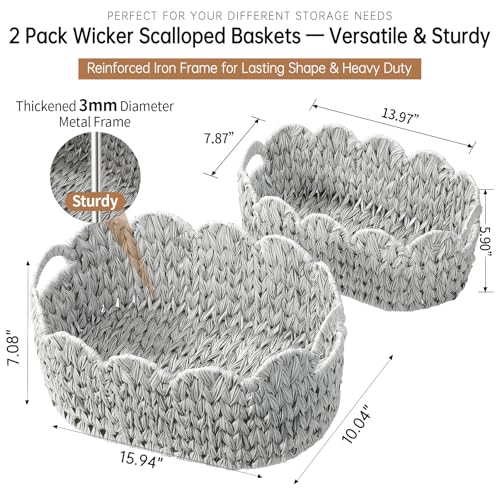 Coeusy Wicker Scalloped Basket Set of 2,Woven Storage Baskets for Shelves,Closet,Laundry,Gift,Towels,Books,Toys,Waterproof Cute Decor Basket for Organizing,Grey - color: Grey