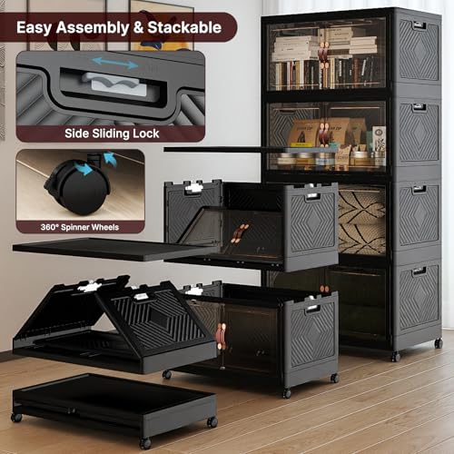 UAMFURI Extra Large Stackable Storage Bins with Lids & Wheels, 672QT-168QT/42GAL*4Pack Foldable Collapsible Closet Organizers Storage Cabinet with Doors for Bedroom Dorm - color: Black, size: 4PACK-30"W20"D65"H