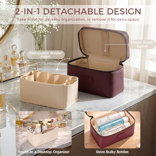 Makeup Bag Vanity Case for Women – Portable Cosmetic Bag Makeup Bag Organizer Travel Toiletry Bag with Removable Divider - color: Burgundy