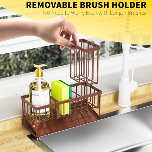 Cisily Kitchen Sink Caddy, Sponge Holder for Kitchen Sink, Kitchen Sink Organzier and Storage with High Brush Holder, Rustproof 304 Stainless Gadgets Sink Accessories(Brown) - color: Brown, size: 9.25″
