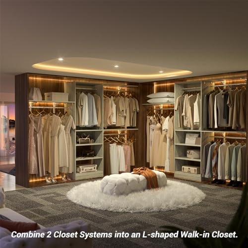 iSunirm 8FT Closet System with Shelves, 96'' Closet Organizer System with 3 Hanging Rods, Wall Mount Bedroom Wardrobe Walk-in Closet, Adjustable Cloth Garment Rack from 5 to 8FT(Cut to Fit), White Oak - color: White Oak
