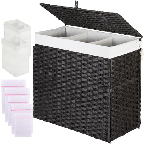 Greenstell Laundry Hamper with Lid, 125L Wicker Laundry Baskets with 2 Removable Liner Bags & 5 Mesh Laundry Bags, Handwoven Rattan Clothes Hamper with Handles for Clothes in Bathroom, Bedroom - color: Light Black