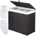 Greenstell Laundry Hamper with Lid, 125L Wicker Laundry Baskets with 2 Removable Liner Bags & 5 Mesh Laundry Bags, Handwoven Rattan Clothes Hamper with Handles for Clothes in Bathroom, Bedroom - color: Light Black