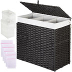Greenstell Laundry Hamper with Lid, 125L Wicker Laundry Baskets with 2 Removable Liner Bags & 5 Mesh Laundry Bags, Handwoven Rattan Clothes Hamper with Handles for Clothes in Bathroom, Bedroom - color: Light Black