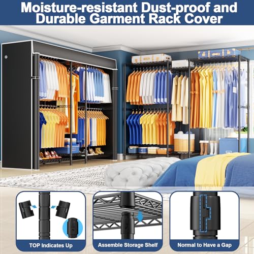Ulif E12C Pro Heavy Duty Closet Organizer System，Freestanding Clothing Rack, Adjustable Garment Rack 71" W x 16" D x 76.5" H Holds 960 lbs, Black Rack with Black Dustproof Cover - color: Black Rack With Black Cover, size: E12C Pro