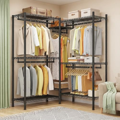 Raybee L Shaped Clothes Rack for Corner, Clothing Racks for Hanging Clothes, 900LBS Heavy Duty Clothes Rack Garment Rack 74.5" W X 18" D X 77" H, Black - color: Black, style: Large Clothes Rack