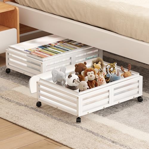 Under Bed Storage Containers With Wheels - 2 Pcs Bamboo Wood Rolling Underbed Shoe Storage Bins With Dust Bags for Clothes Blankets, Duvet Covers Snacks Toys (White) - color: White, size: M