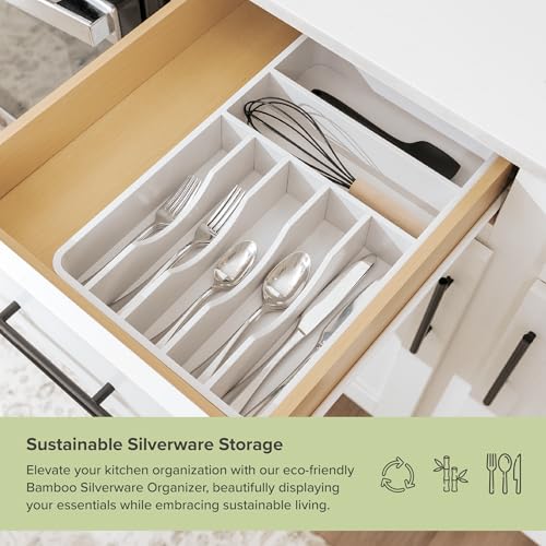 KitchenEdge Silverware Organizer - Cutlery, Flatware, and Utensil Holder for Kitchen Drawers, Fixed 10.5” Width, 7 Storage Compartments, Non-Slip Feet, Rounded Corners, 100% Bamboo, White Finish - color: White Bamboo