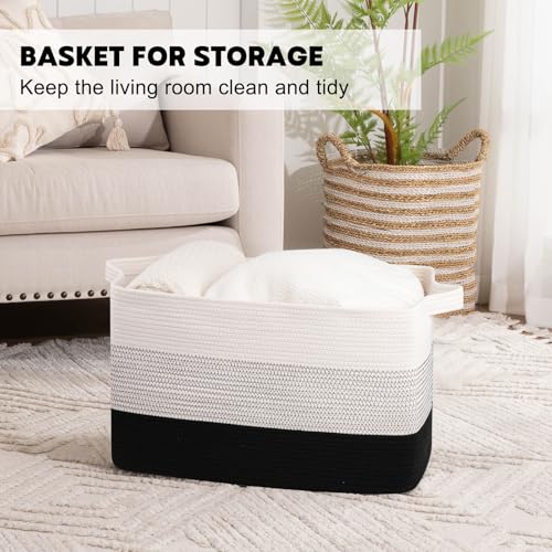 OIAHOMY Extra Large Blanket Basket, 95L Cotton Rope Woven Laundry Basket, Toy Bin for Baby Room, Container for Blanket Storage in Living Room, 24''×17''×14'', Gradient Black - color: Gradient Black, size: 95L