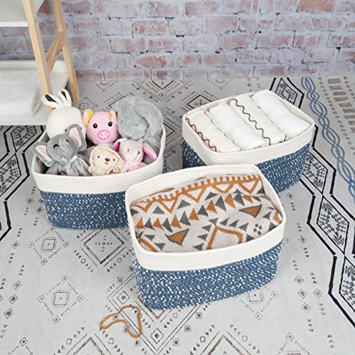 XUANGUO White and Blue Cotton Rope storage Basket Bins Woven Basket for Organizing Shelves 15X10X9.3“ Rectangle Decorative Baskets For storage Books Towels Wicker Nursery basket organizer Set of 3 - color: blue and white