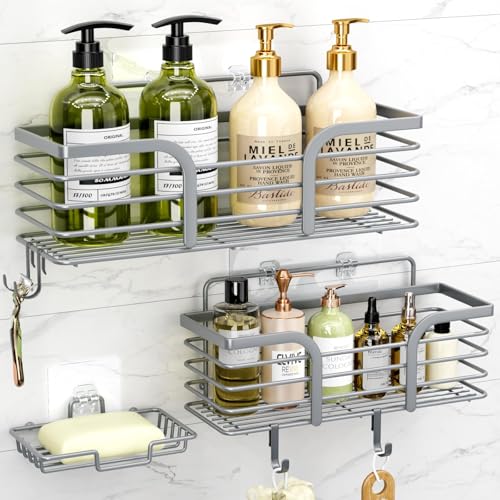 Yougai Shower Caddy, Shower Organizer with Soap Holder and Hooks, Rustproof Shower Shelves, No Drilling Bathroom Organizers and Storage, Wall-Mounted Kitchen & Home Decor, Light Grey - color: Light Grey