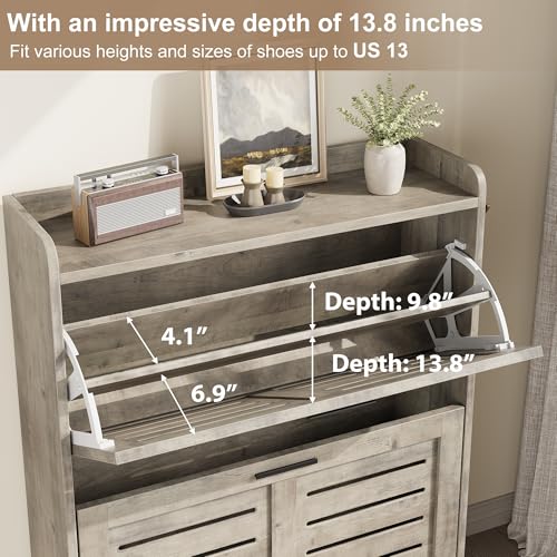 IDEALHOSUE Shoe Cabinet Storage for Entryway, Slim Shoe Storage Cabinet with 3 Flip Drawers, Freestanding Hidden Narrow Shoe Organizer Cabinet with Hooks for Entrance, Foyer, Hallway, Gray - color: Grey, size: 3-Drawers