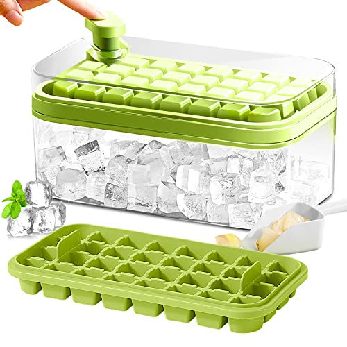 Ice Cube Tray with Lid and Bin, 2 Pack for Freezer, 64 Pcs Ice Cube Mold (Green) - color: Green