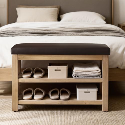 Zihanhome Shoe Rack Bench with Leather Cushion, 2 Tier Solid Wood Storage Bench, Mid-Century Modern Shoe Bench for Entryway, Hallway, Closet, Front Door Entrance, Foyer (Dark Brown, 31.5) - color: Dark Brown, size: 31.5"