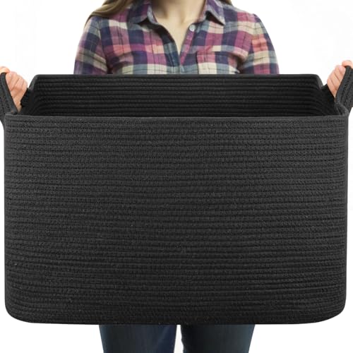 OIASKET 95L Large Blanket Basket, Black Blanket Storage Living Room, Rectangle Woven Baskets for Storage Toys, Towels, Dirty Clothes Organizer Bins (Black) - color: Black, size: 24"x16.9"x14.2"