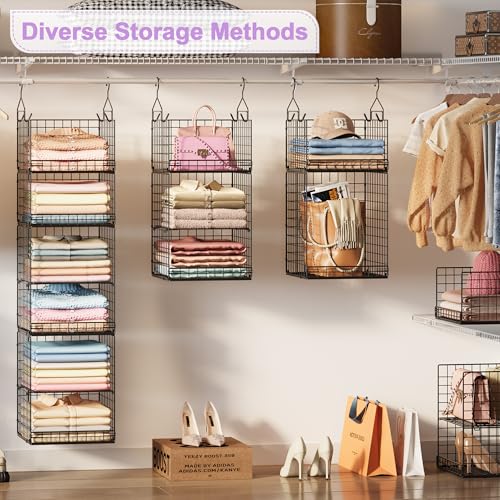 6 Tier Hanging Closet Organizers and Storage Stackable Hanging Closet Shelves with 4 Hooks 2 Adjustable Dividers, Wire Storage Basket Bins for Clothing Purse Sweaters Shoes Socks Dolls, Foldable - color: Black, size: 6-Tier Larger