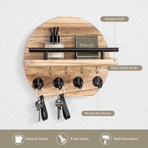 Nekon Key Holder for Wall - 9.8 Inch Apartment Wall Decor with Shelf and 8 Key Hooks, Circular Wood Key Hanger for Home Decor (Wood) - color: Wood