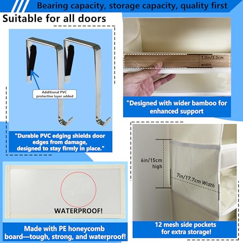 over the door organizer, Solid Bamboo Board (Not Plastic!) 6-Tier Heavy Duty 75LB, 12 Side Pockets, 3 Reinforced Hooks & Anti-Slip Pads, Waterproof & Washable, No Sagging, No Door Damage,Ivory - color: over door organizer-Ivory
