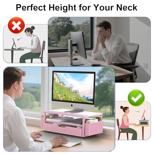 Spacrea Desk Organizer and Accessories, Computer Monitor Stand Riser with Drawer and 2 Pen Holders, Office Desk Accessories & Workspace Organizers for Office Supplies (Pink) - color: Pink