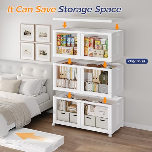 250GAL Large Stackable Storage Bins with Lid and Wheels, 1000Qt Collapsible Organizer Cabinet with Clear Door, for Closet, Bedroom, Kitchen, Garage, 5-Pack White - style: 5 Pack