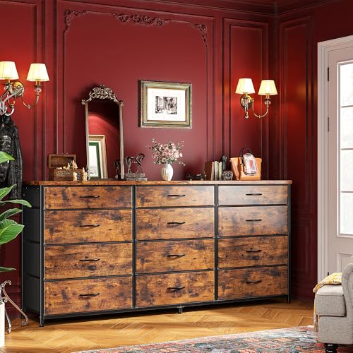 Romorgniz 55" Dresser for Bedroom with 12 Fabric Drawers, Entertainment Center for 60 inch TV Dressers & Chests of Drawers Large Organizer, Living Room, Metal Frame, Wood Top, Rustic Brown - color: Rustic Brown