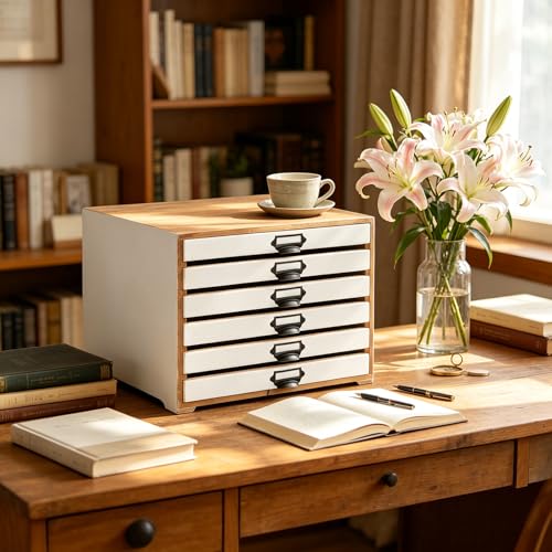 Vintage Wooden Desktop Organizer Cabinet with 6-Drawer Rustic Wood Shelf Drawer Antique Card Catalog Cabinet Distressed Decor Jewelry Cosmetics Craft Paper Storage Box for Home Office (White) - color: White