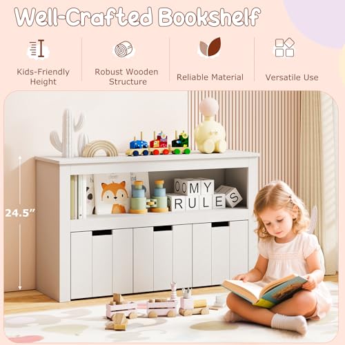 GLACER Toy Storage Organizer, Wooden Montessori Shelf with 3 Movable Drawers, Hidden Wheels, Toy Box for Boys and Girls, Kids Storage Organizer for Playroom, Nursery, Kindergarten, Living Room (White) - color: White