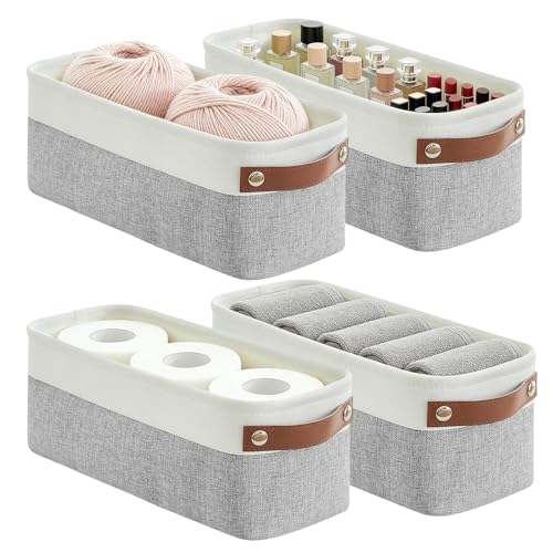 Bagnizer Small Fabric Storage Baskets, 15x6x5 inch Narrow Storage Bins 4-Pack Long Storage Basket for Organizing with Handles, Decorative Basket for Closets, Shelves, Toilet Paper, Grey - color: Gray / Off-White, size: Narrow-15"x6"x5"